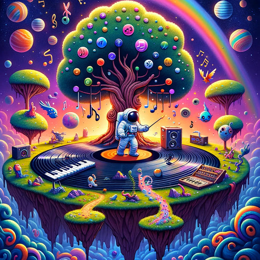 How to Choose the Right Beat for Your Project - digital image showing an astronaut in fantasy land trying to pick out music for his song